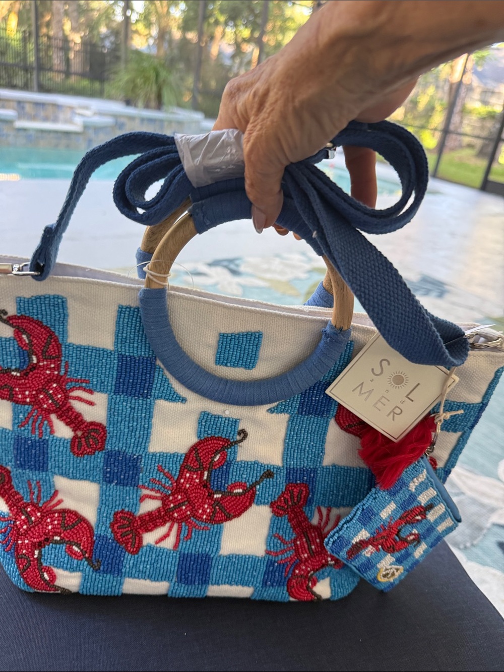 Blue Check Lobster Beaded Tote